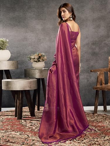 Satrani Women's Silk Blend Banarasi Jacquard Saree with Unstitched Blouse Piece (3819S409N_Deep Purple & Golden)