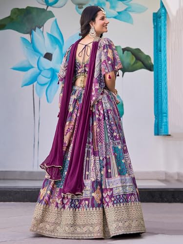 Zeel Clothing Women's Digital Print with Zari Dori Embroidery Work Chinnon Silk Lehenga Choli With Dupatta (7050-Women-Lehenga-Choli-New; Free size) (Purple)