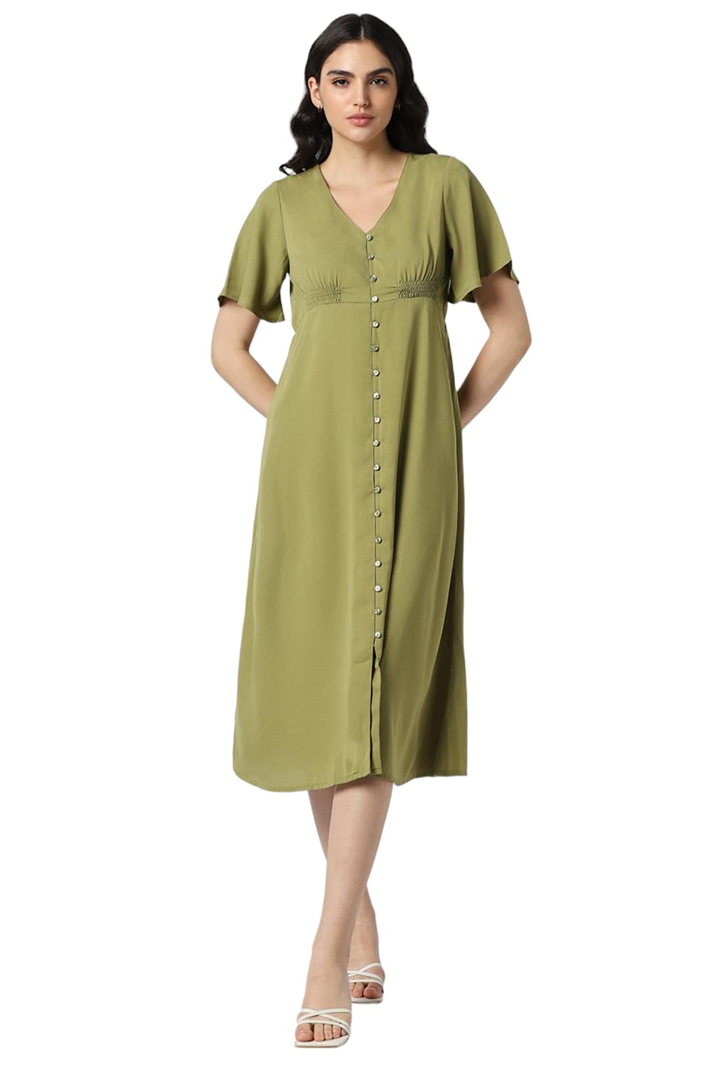 Van Heusen Women's Polyester Asymmetrical Calf Length Dress (VWDRFRGFF44319_Olive