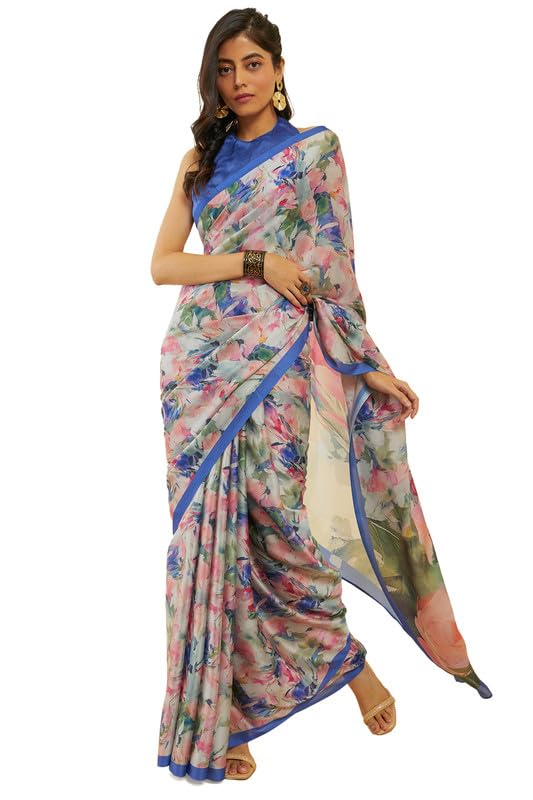 Soch Womens Blue Floral Print Crepe Saree