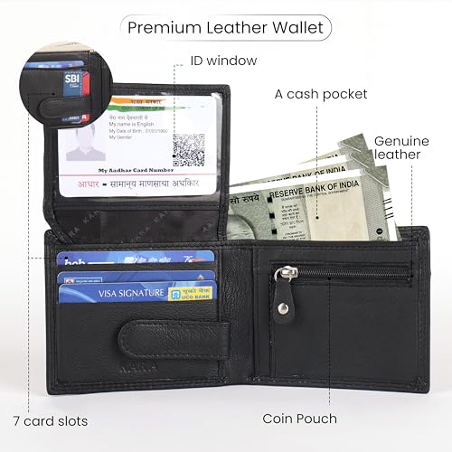 KARA Premium Men's Genuine Leather Wallet – Sleek Black with Zipper Coin Pocket, 2 Cash Compartments, 7 Card Slots & Transparent ID Slot