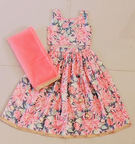 Leons Fab Girls Grey & Pink Floral Print Lehenga Choli Set | Kids Traditional Ethnic Wear | Sleeveless Ghagra Choli with Net Dupatta for Festival & Party (Multicolor, 3-4 Years)