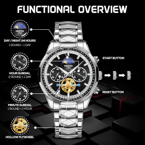 NIBOSI Chronograph Fly Wheel Watch For Men Analog Quartz Dress Diamond Business Stainless Steel Watches Date Luxury Men's Wristwatch|Birthday Gift For Men|Gift For Husband, Brother (Silver-Black)