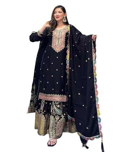 Brulry Women's Black Color Chinon Silk Round Neck Knee Length straight Kurta With Sarara With Dupatta