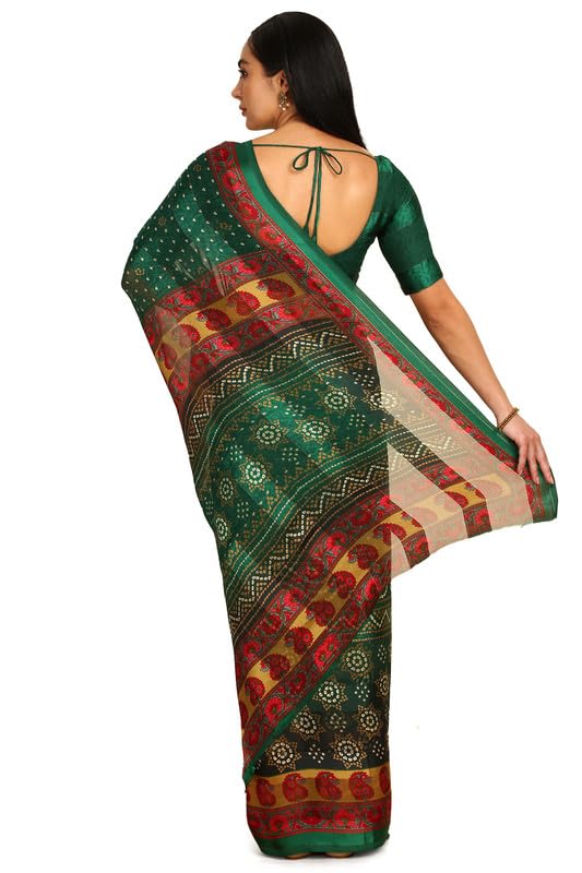 Soch Womens Green Chiffon Bandhani Print Saree