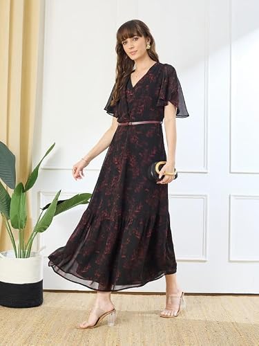Latin Quarters Women's Black Printed V-Neck Half Sleeve Casual Fit & Flare Dress_L
