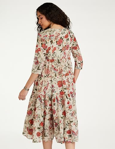 BIBA Women Printed Flared Mix and Match Ankle Length Dress (Fusassorted1303E_Off White_34), Casual Dress, Medium