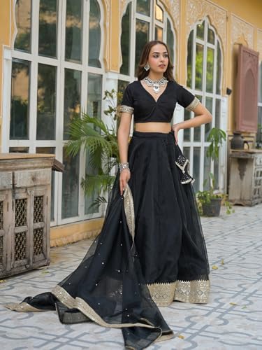 Divena Black Solid Organza Lehenga with Choli and Dupatta