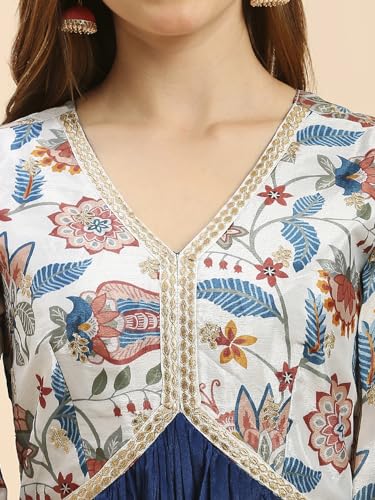 madhuram textiles Women's Chinon Gown For Women Ethnic With Digital Print And Embroidery Work Long Gown(M-2453 Mor Pichch_Small) Blue