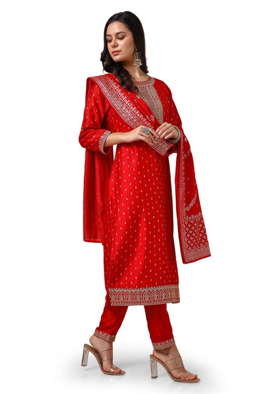 Soch Womens Red Foil Print Suit Set With Thread Work