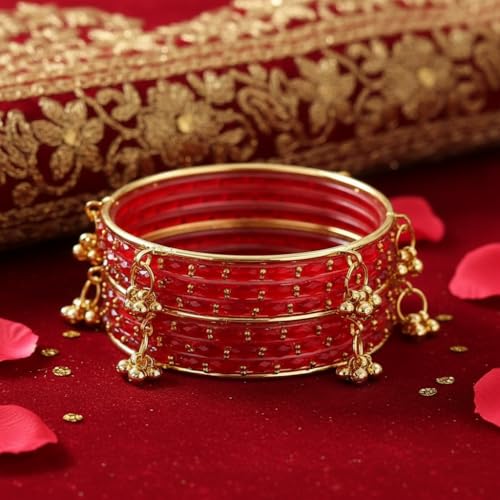 MM JEWELS Kashmiri Red Glass Bangles Set with Ghungroo Latkan for Women & Girls | Traditional Gold-Plated Bridal Churi set for Wedding & Festival | Ethnic Handcrafted Jewelry with Jingle Bell Hangings (Set of 16) (Red, 2.4)