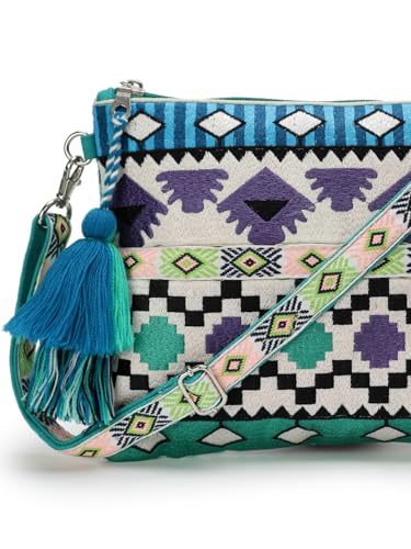 Anekaant Tribal Turquoise & Multi Acrylic Jacquard Ethnic Motifs Embroidered Sling Bag