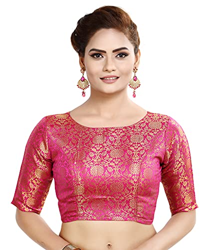 Madhu Fashion Womens Traditional Benaras Brocade Readymade Stitched Saree Half Sleeve Blouse (34, Pink)