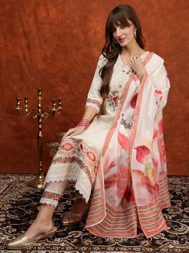 NIVANA Hand Embroidered & Chikankari Kurta with Pant & Floral Printed Dupatta | L | Cream | V-Neck | 3/4 Sleeves | Straight Fit