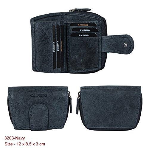 Calfnero Women's Genuine Leather Clutch Wallet-Leather Wallet with Zip Pocket and Note Compartment-Navy Leather Wallet for Women