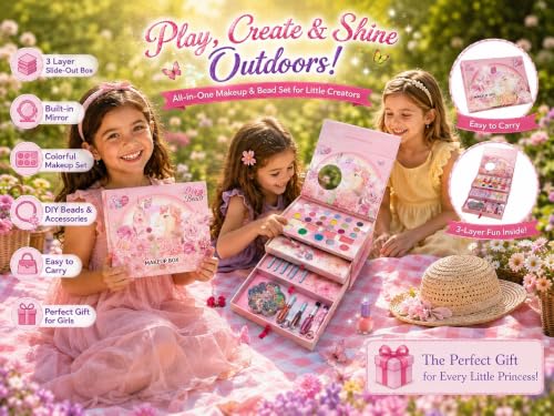 ZYCRONIX Kids Makeup Kit for Girls with DIY Beads, Multi-Layer Unicorn Makeup Box with Eyeshadow, Blush, Glitter, Lipstick, Lip Balm, Nail Polish, Brushes & Jewellery Making Set, Birthday Gift