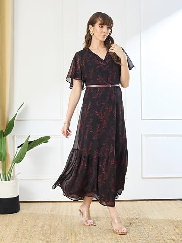 Latin Quarters Women's Black Printed V-Neck Half Sleeve Casual Fit & Flare Dress_L