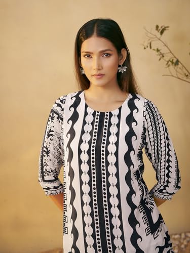 Pinkmint Women's Pure Crepe Black & White Printed Co Ord Set l Fancy Tunic with Straight Pants l Monocharome Ethnic Co Ord Set, Casual & Outdoor Wear (Available in Plus Size)