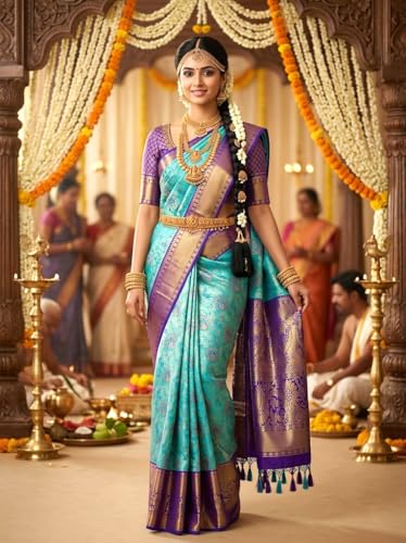 VFCollections Women's Traditional Handloom Kanchipuram Silk Pure Pattu Sarees – Peacocks Border | Rich Zari Woven Design | Bridal Saree | Unstitched Blouse (VFC685-4)