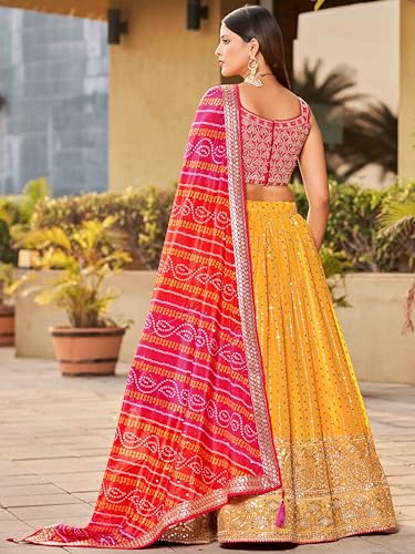 Zeel Clothing Women's Real Mirror Work Georgette New Semi-Stitched Lehenga Choli With Dupatta (5077-Yellow-Pink-Wedding-Designer-New; Free Size)