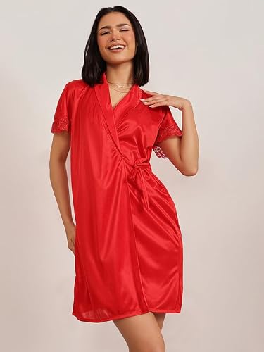 Clovia Women's Satin Solid Short Night Dress & Robe (NS1054P04_Red_S)
