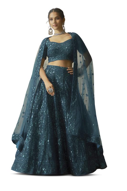 Soch Womens Teal Net All-Over Floral Pattern Sequin Embellished Unstitched Lehenga Set