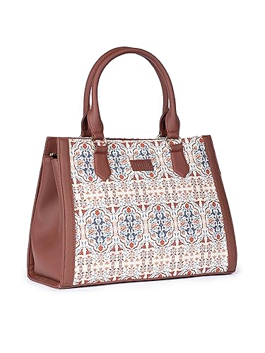 ZOUK Agra Floral Printed Jute Handcrafted Vegan Leather White Women's Satchel Bag | Ladies Purse Handbag | Double Handle Detachable Strap