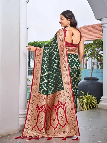 MANOHARI Women's Most Trendy Banarasi Satin Silk Woven Green & Red Saree With Heavy Jacquard Work Saree With Blouse Piece_MN2065