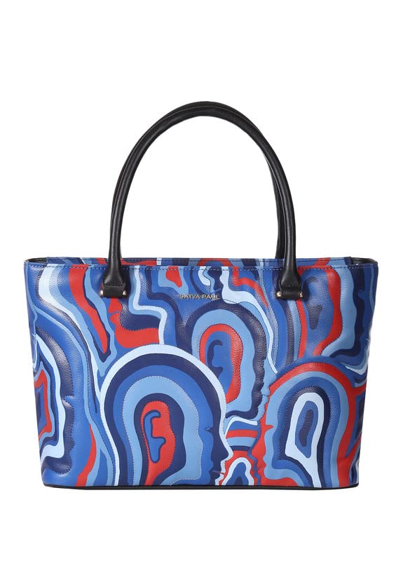 Satya Paul Blue Cobalt Ligh Blue PU Printed Tote Handbags for Women