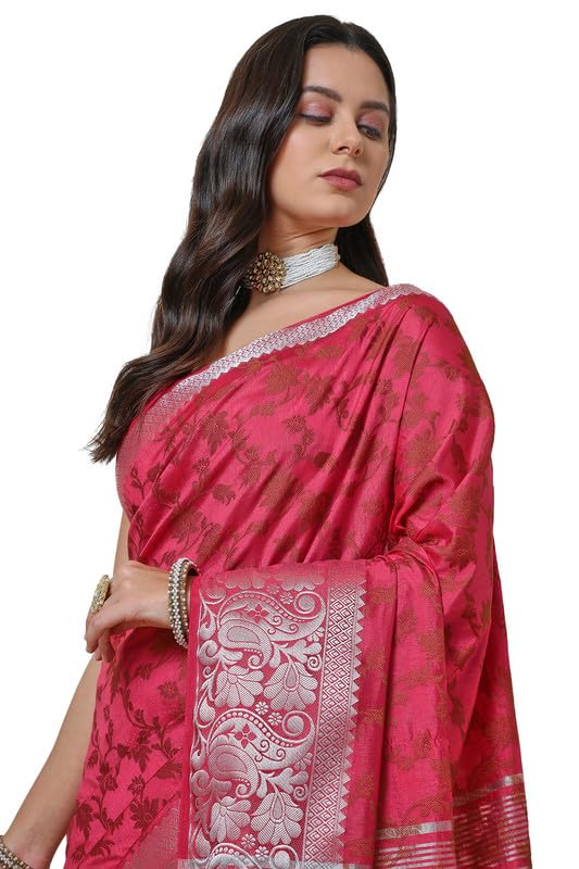 Soch Womens Pink Art Silk Floral Saree with Silver Zari Border