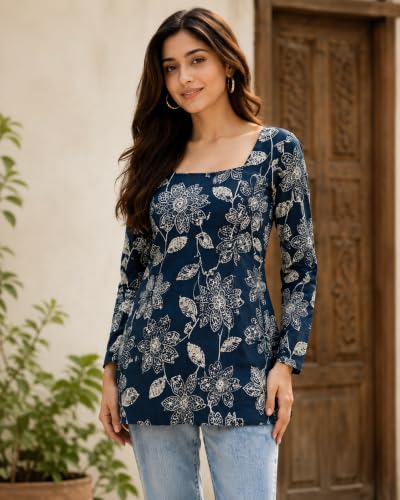 HOUSE OF RAAGA Gauri Women's Jaipuri Pure Cotton Floral Printed Peplum Kurti | Square Neck | Full Sleeves | Corset-Style Back Tie | Casual & Ethnic Wear Size,S