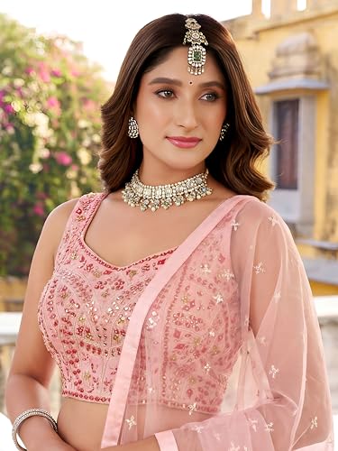 Zeel Clothing Women's Chinon Silk Embroidered Mirror Work Lehenga Choli with Dupatta (115-Pink-Women-New-Lehenga-Choli; Free Size; Pink)