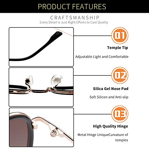 grey jack Square Polarized Sunglasses UV Protected for Men Women Metal Frame GJ1289 Golden(black) Frame Gradient Brown Lens