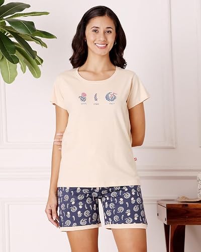 BODYCARE Women's Cotton Printed T-Shirt and Shorts Set | Soft & Breathable Nightwear | Short Sleeves | Loungewear Co-Ord Set | BSSS17036_100 Multicolour