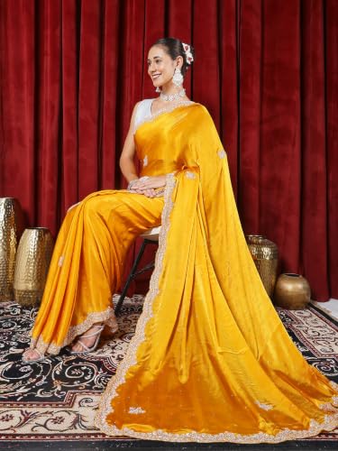 Meena Bazaar Chinon Saree For Women |MUSTARD Colour
