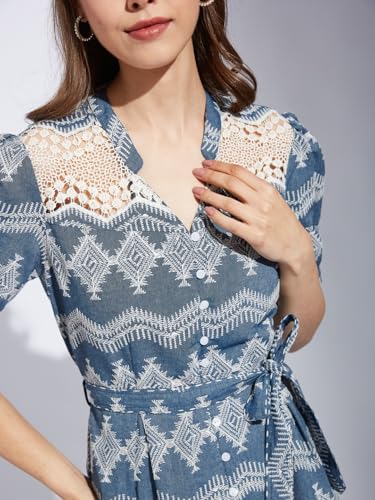 Latin Quarters Women Blue Collar Neck Half Sleeve Printed Shirt Dress_M