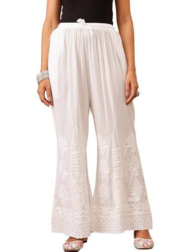 Ada Hand Embroidered Lucknow Chikankari Modal Flared Palazzo Pant Culottes for Women A711189 White (L)