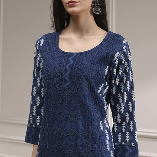 Biba Women Blue Cotton Hand Embroidered Unstitched Suit Set FREE SIZE