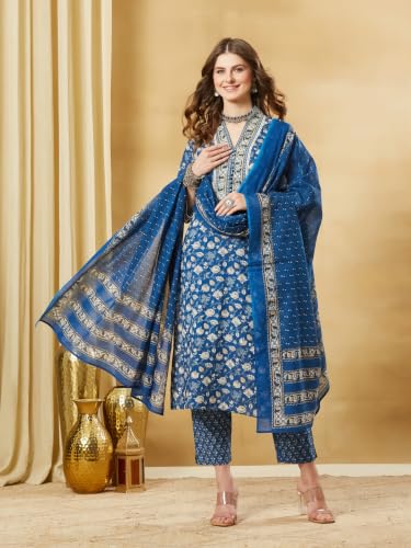 Divena Blue Floral Cotton Kurta Sets With Dupatta
