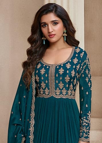 TRENDMALLS Women's Silk Blend Embroidery Anarkali Kurta Pant Set with Dupatta (G334-Morpeach-XXL-)