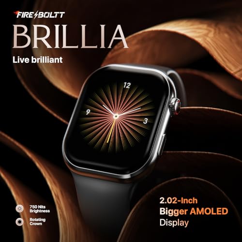 Fire-Boltt Brillia Smart Watch 2.02” Super AMOLED Display, Bluetooth Calling, SpO2, Heart Rate Monitor, 120+ Sports Modes, Fitness Tracker, Voice Assistant, Smart Watch for Man & Women