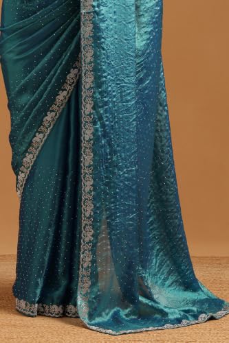 Soch Womens Turquoise Blue Fendy Organza Solid Embellished Swarovski Stone Detail Saree