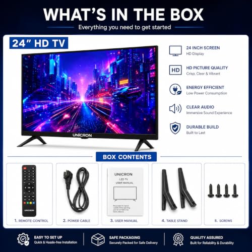 UNICRON 24 Inch HD LED TV Non Smart 20W Sound Output, Premuim Slim Design Crystal Clear Display with HDMI & USB Ports, Ideal for Home, Office & Monitor Security (Black) A+