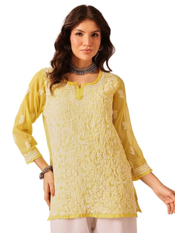 Ada Hand Embroidered Lucknowi Chikankari Georgette Short Kurti Top Tunic for Women A911494 Yellow (M)
