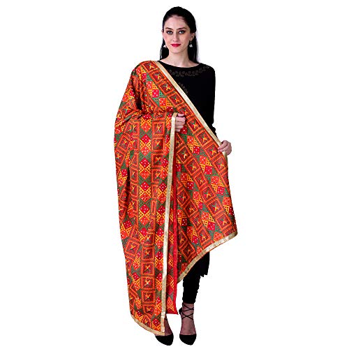 SWI WITH LABEL Women's Heavy Embroidered Phulkari Chiffon Dupatta with Mirror Work