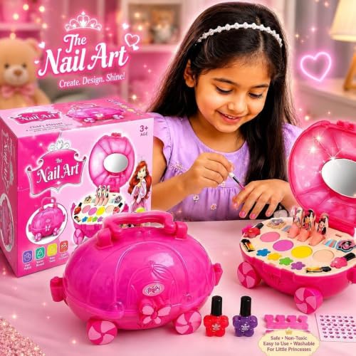 Kids Makeup Kit for Girls with Mirror, Portable Beauty Play Set with Pretend Lipsticks, Eyeshadow Palette, Brush & Cosmetic Accessories, Princess Role Play Gift Toy