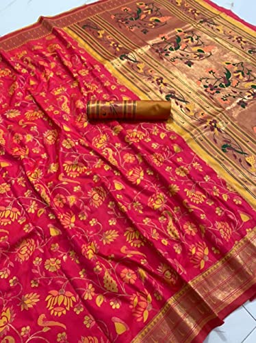 Panzora Women's Paithani Silk Saree With Unstitched Blouse Piece (Gajri-Pink)