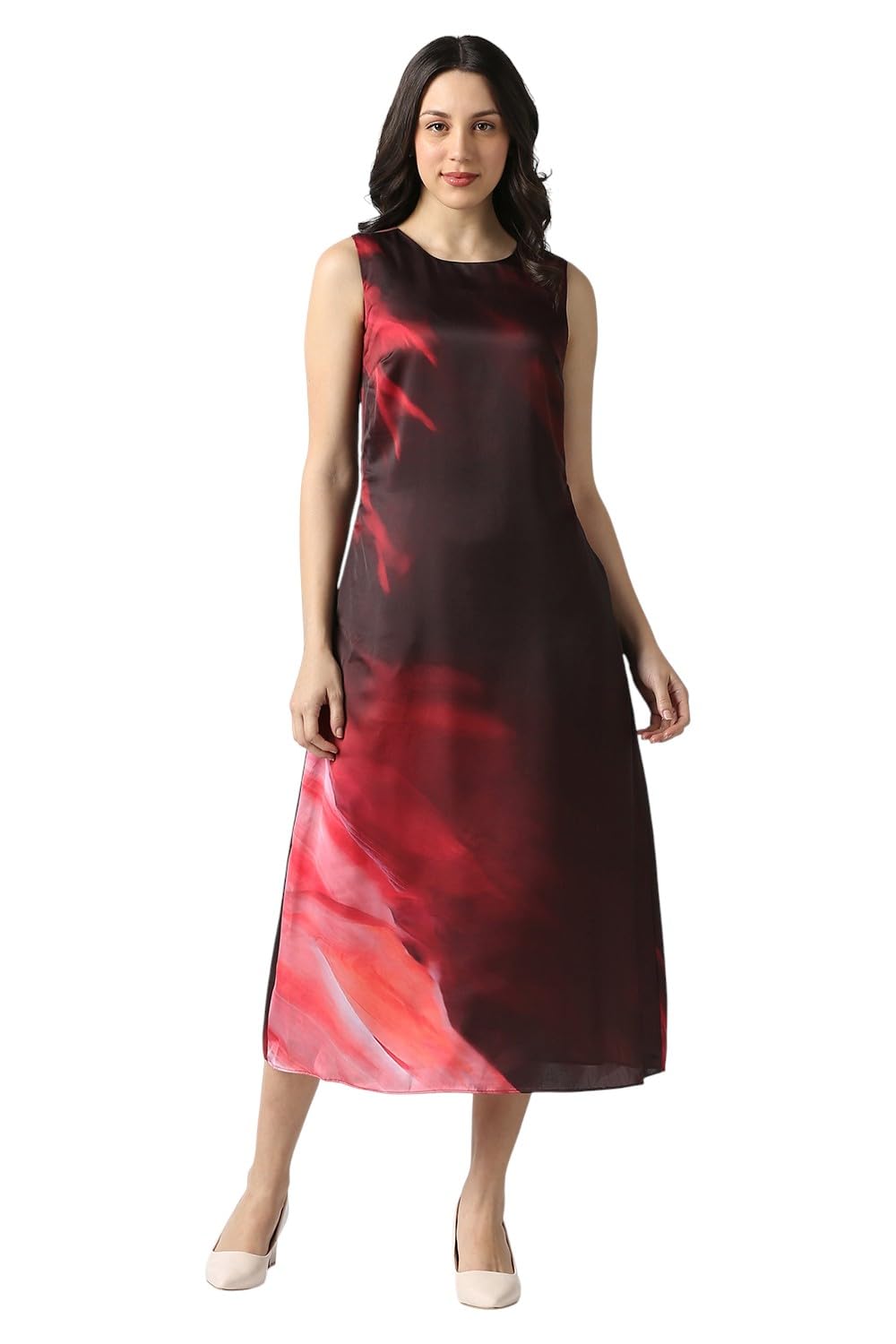 Women Maroon Print Calf-Length Party Dress