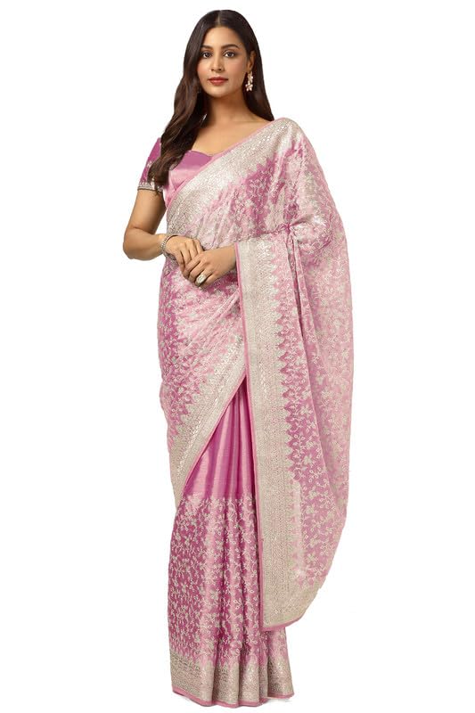 Soch Womens Onion Pink Organza Embroidered Saree With Stone Work