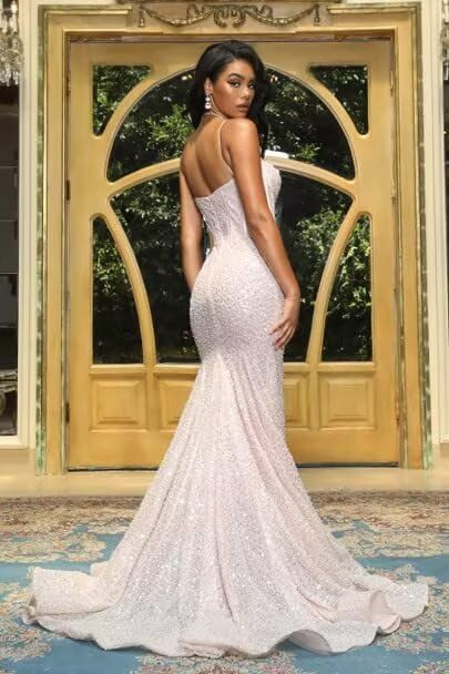 Zepumen Sparkly Sequin Prom Dresses for Women Mermaid Long Spaghetti Straps Formal Evening Party Gowns, Dusty Rose, 6